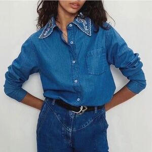 NWOT ba&sh Denim Cotton Blouse with Embellished Collar size S